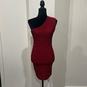 Lola One-Shoulder Textured Dress in Deep Red